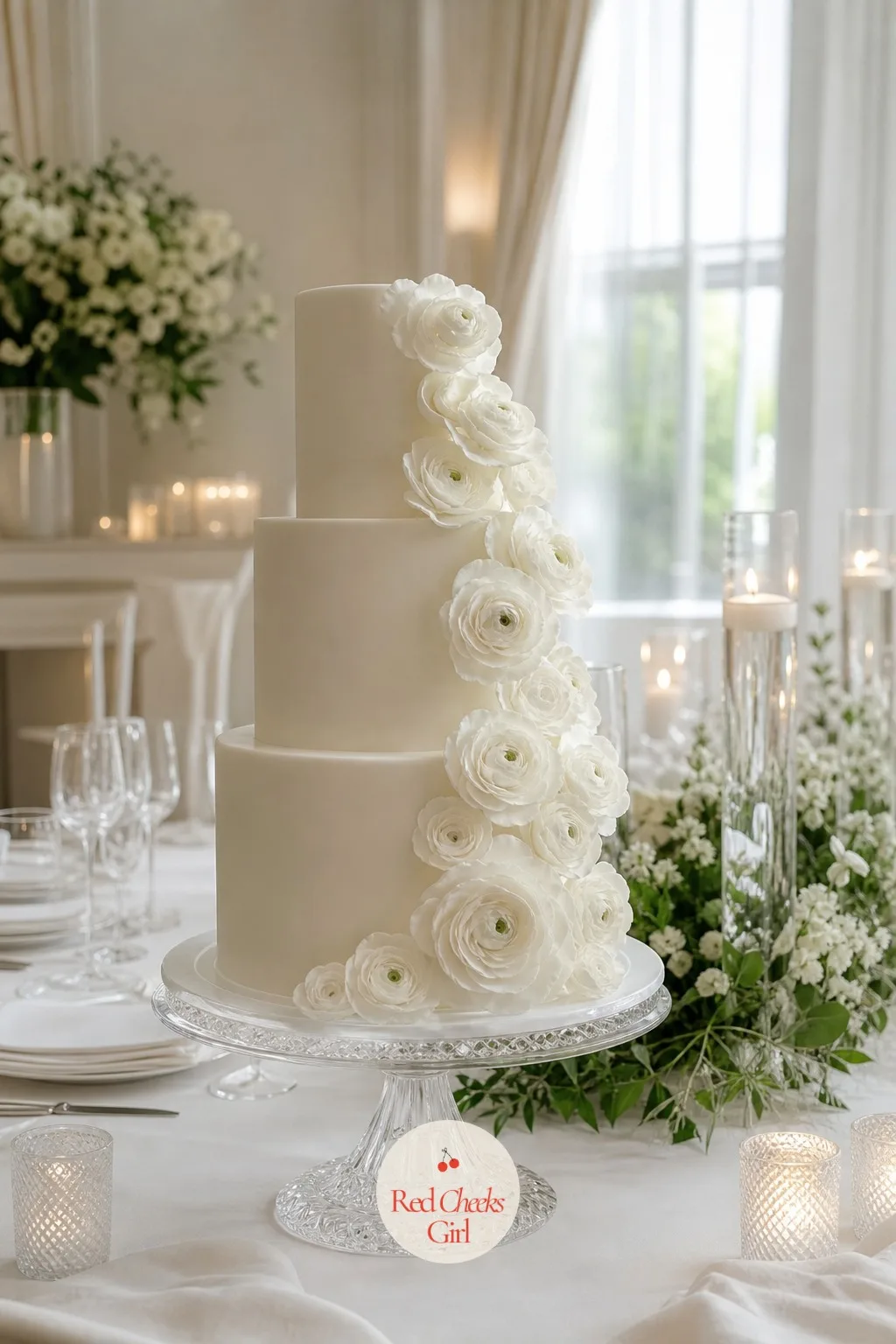 A Tiered White Cake with Sugar Flowers — A plain white fondant cake can read as unfinished on a table this quiet, so it needs just enough texture to earn its