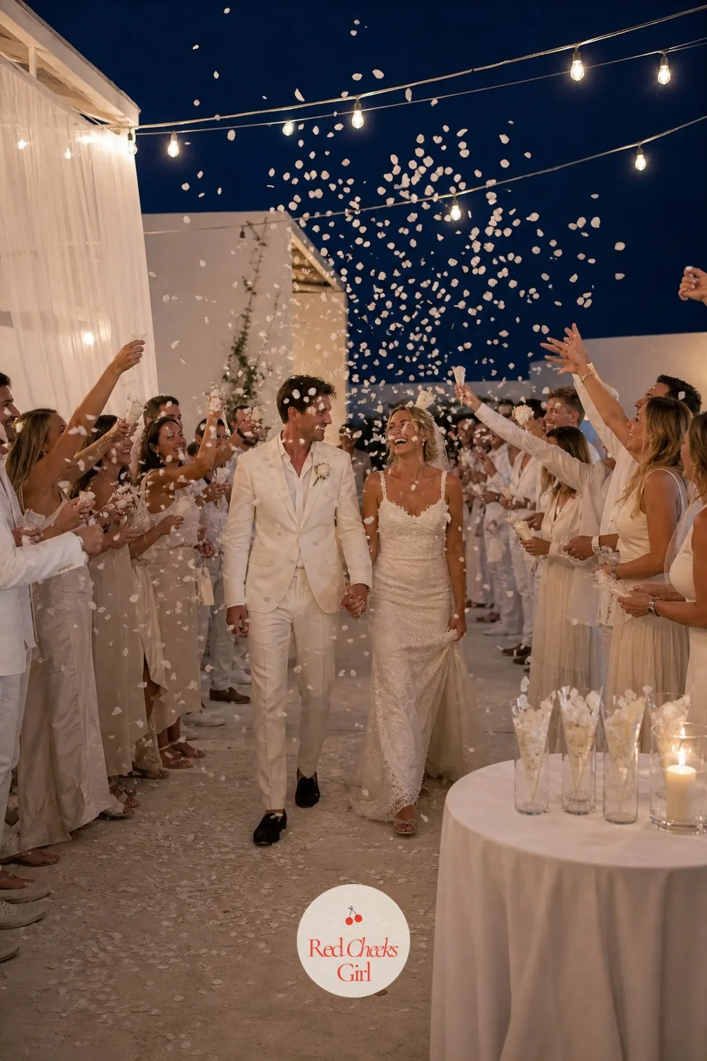The White Confetti Exit — The getaway car shot needs movement in the air or it falls flat, and coloured confetti is the one place a single wrong tone breaks
