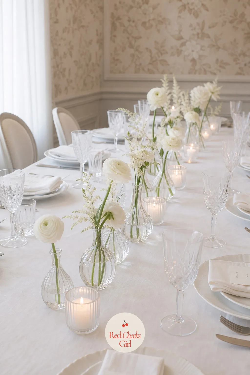 White Florals in Clear Glass Bud Vases — A single tall centerpiece blocks the view across a long table and forces guests to lean sideways to talk. All white