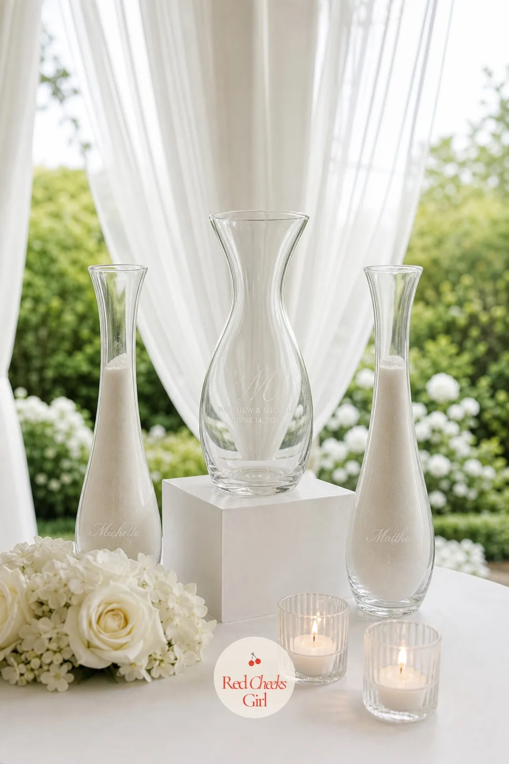 A White Sand Unity Pour — For a couple who wants a moment beyond the vows but does not want candles near a dress hem, two glass vials of white sand poured