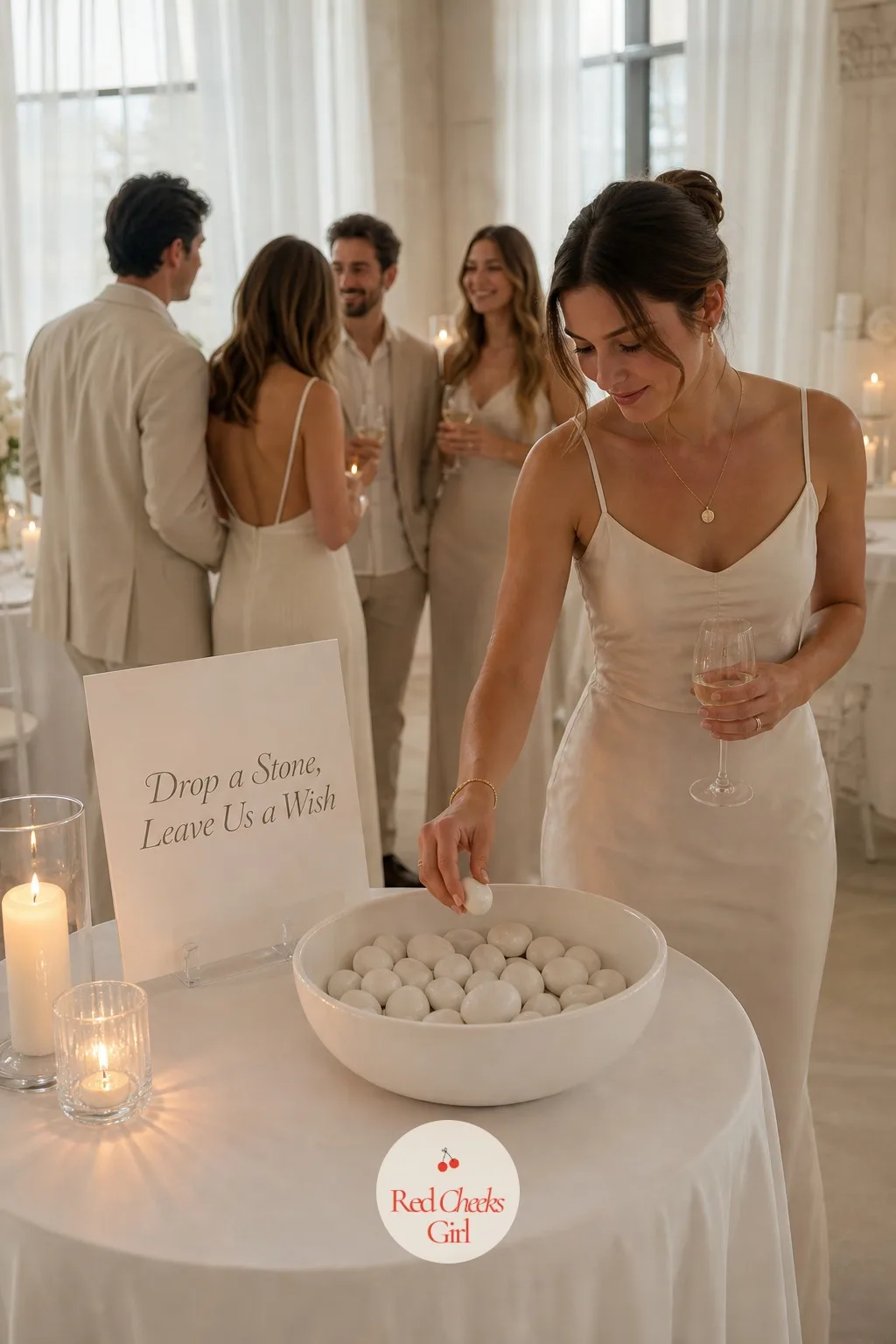 A White Stone Guest Book Bowl — A signature guest book sits unopened on most tables by the end of the night. All white wedding decor
