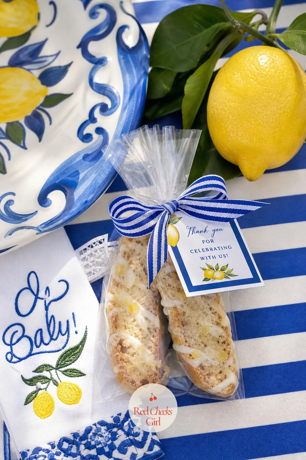 Biscotti Favor Bags — Two or three lemon biscotti wrapped in a clear cellophane bag travel home in a purse without crumbling. Amalfi coast baby shower theme