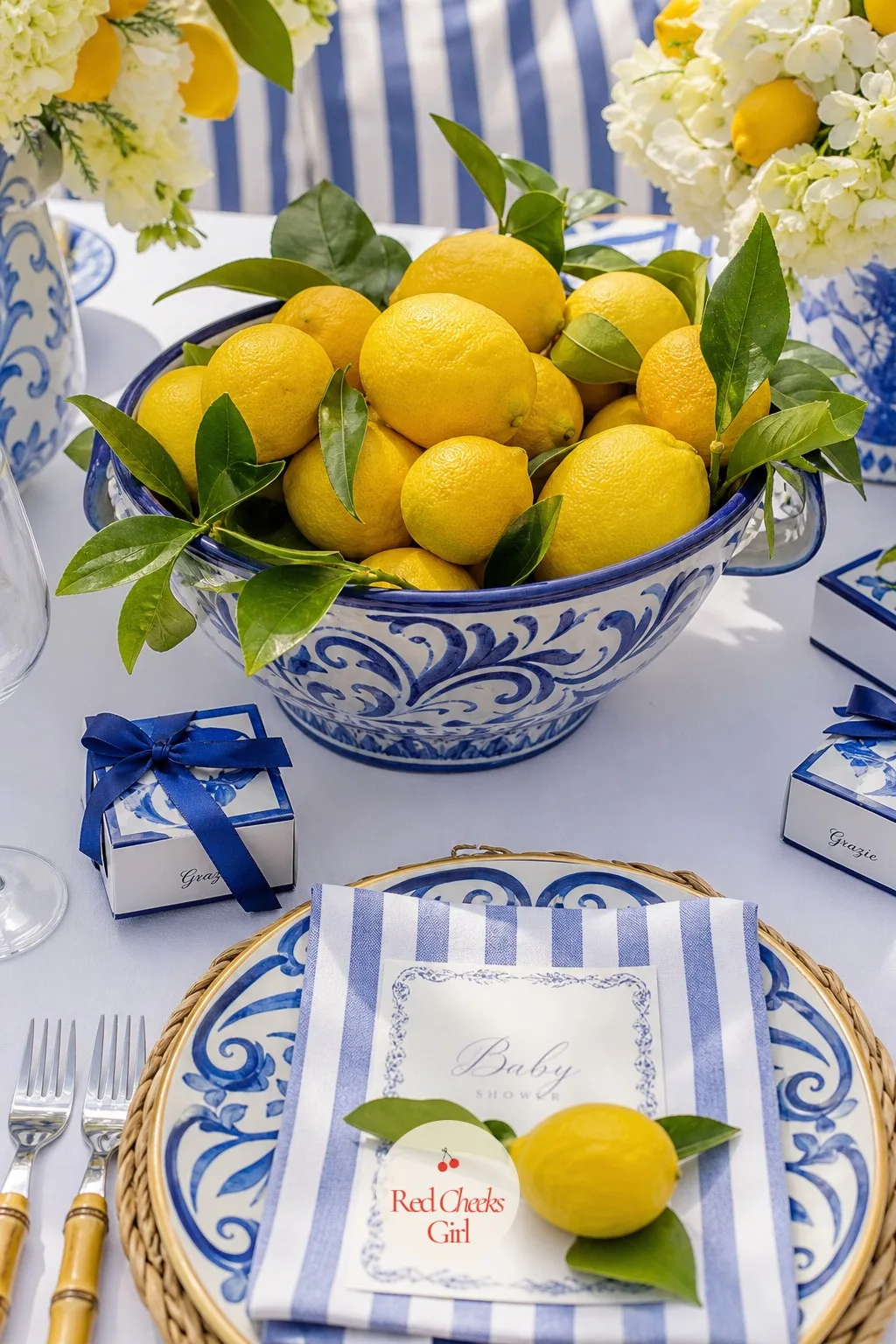 A Bowl of Lemons as the Centerpiece — Sometimes the cheapest idea in the room is also the best looking one. Amalfi coast baby shower theme