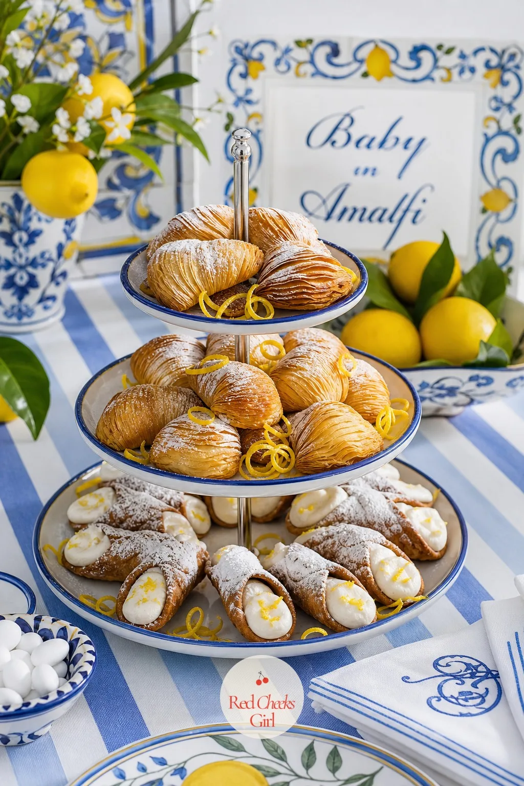 A Cannoli and Sfogliatelle Tower — Pasta and pizza cover the savory side, but Italian pastry deserves its own moment. Amalfi coast baby shower theme