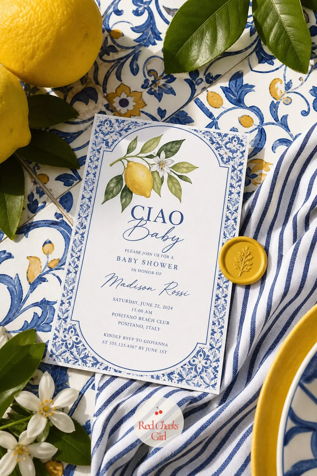 The Ciao Baby Lemon Invitation — A plain white card does not say Amalfi anything. Amalfi coast baby shower theme