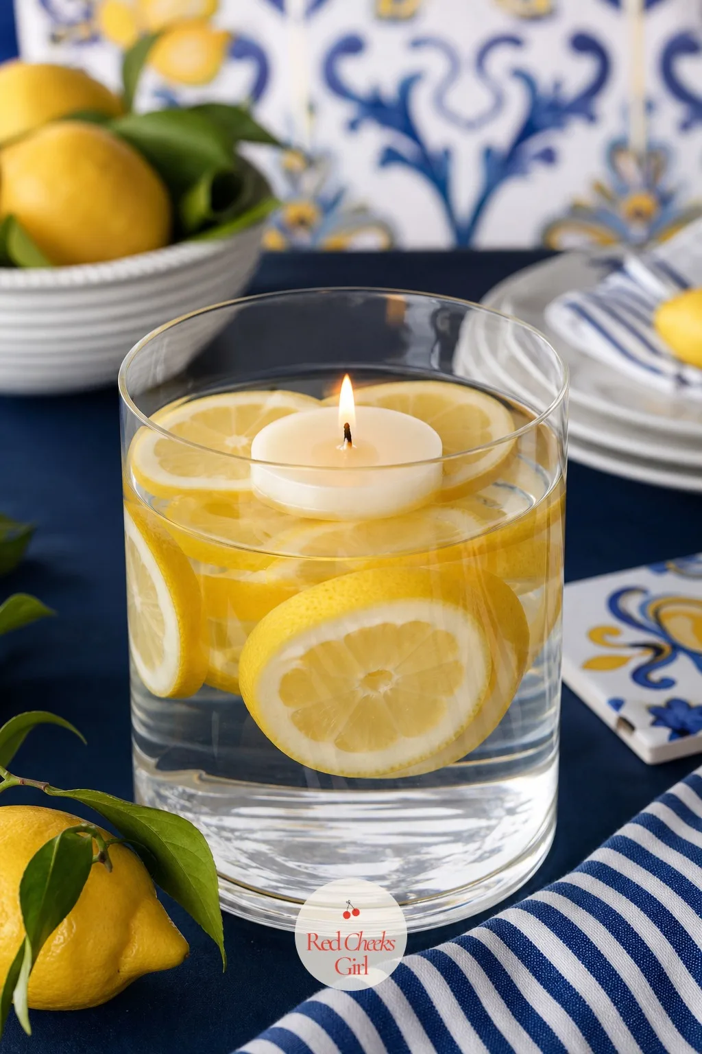 Floating Lemon Hurricane Lanterns — A table full of flat centerpieces loses interest fast. Amalfi coast baby shower theme