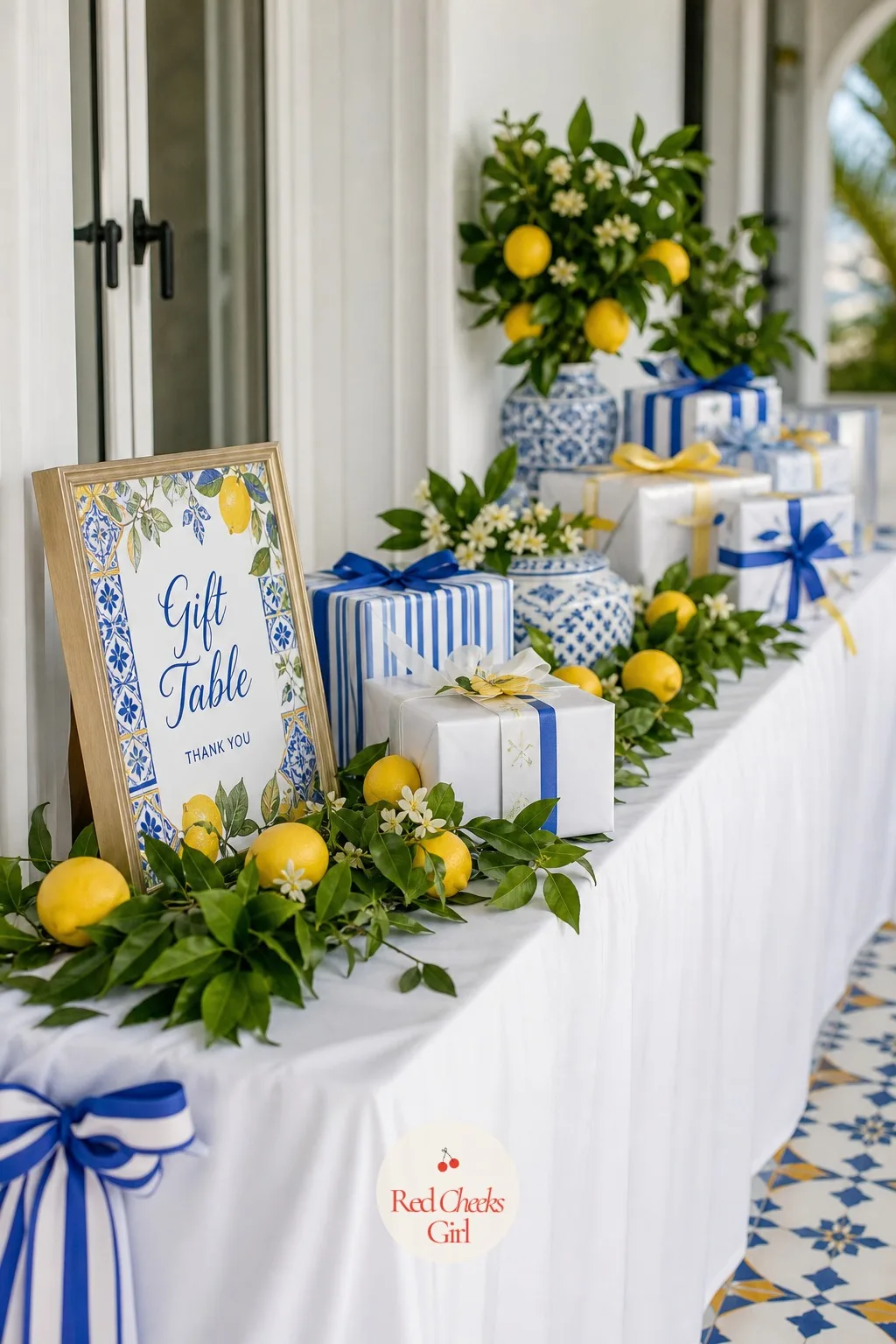 The Gift Table Dressed in Lemon Leaves — The gift table should feel like an extension of the room, not an afterthought with a tablecloth thrown over it. Amalfi
