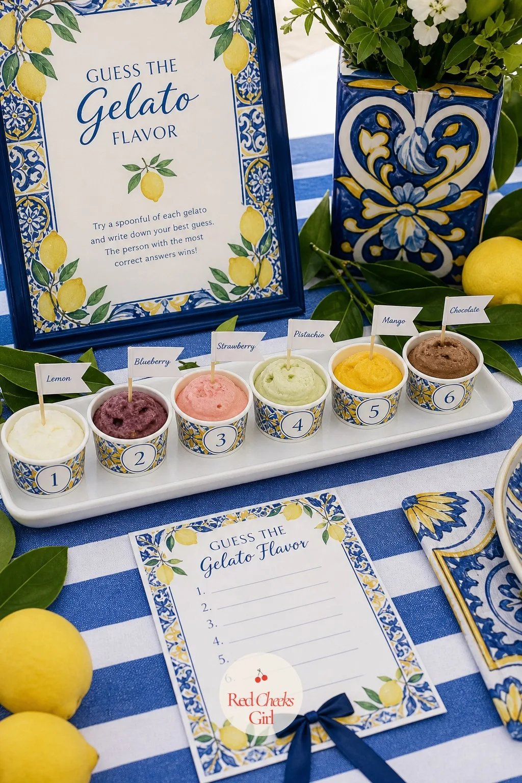 Guess the Gelato Flavor Game — Several small cups of gelato or sorbet line up in a row, each one numbered with a tiny flag and no label in sight. Amalfi coast