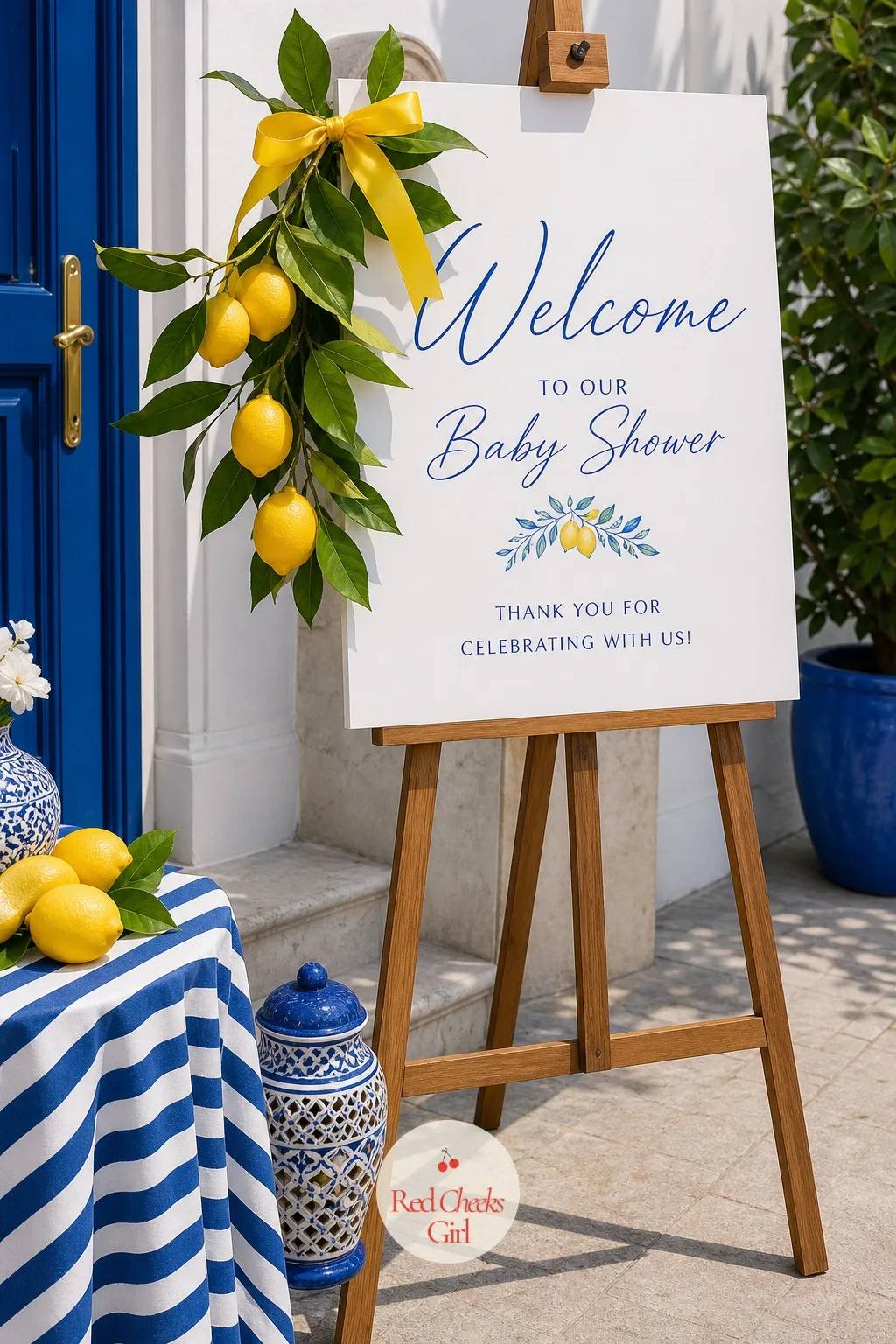 The Lemon Branch Welcome Sign at the Door — Guests should know the mood of the party before they even find a seat. Amalfi coast baby shower theme