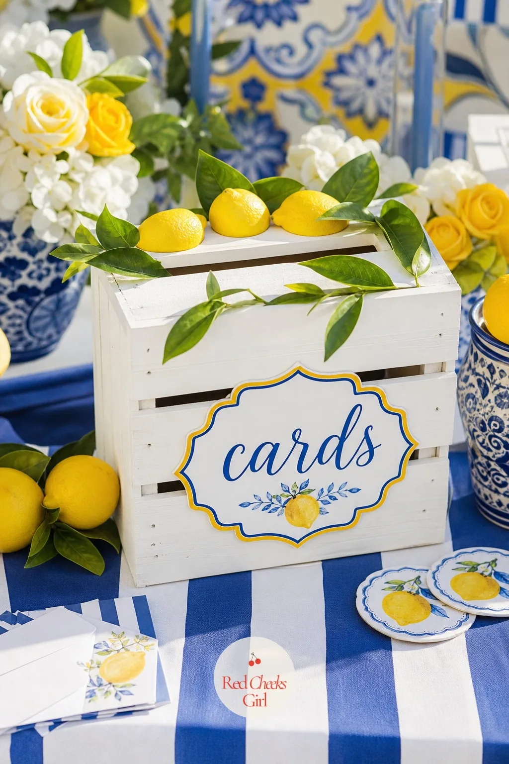 A Lemon Crate Card Box — Gift cards need somewhere specific to land, or they end up stacked precariously on the table. Amalfi coast baby shower theme
