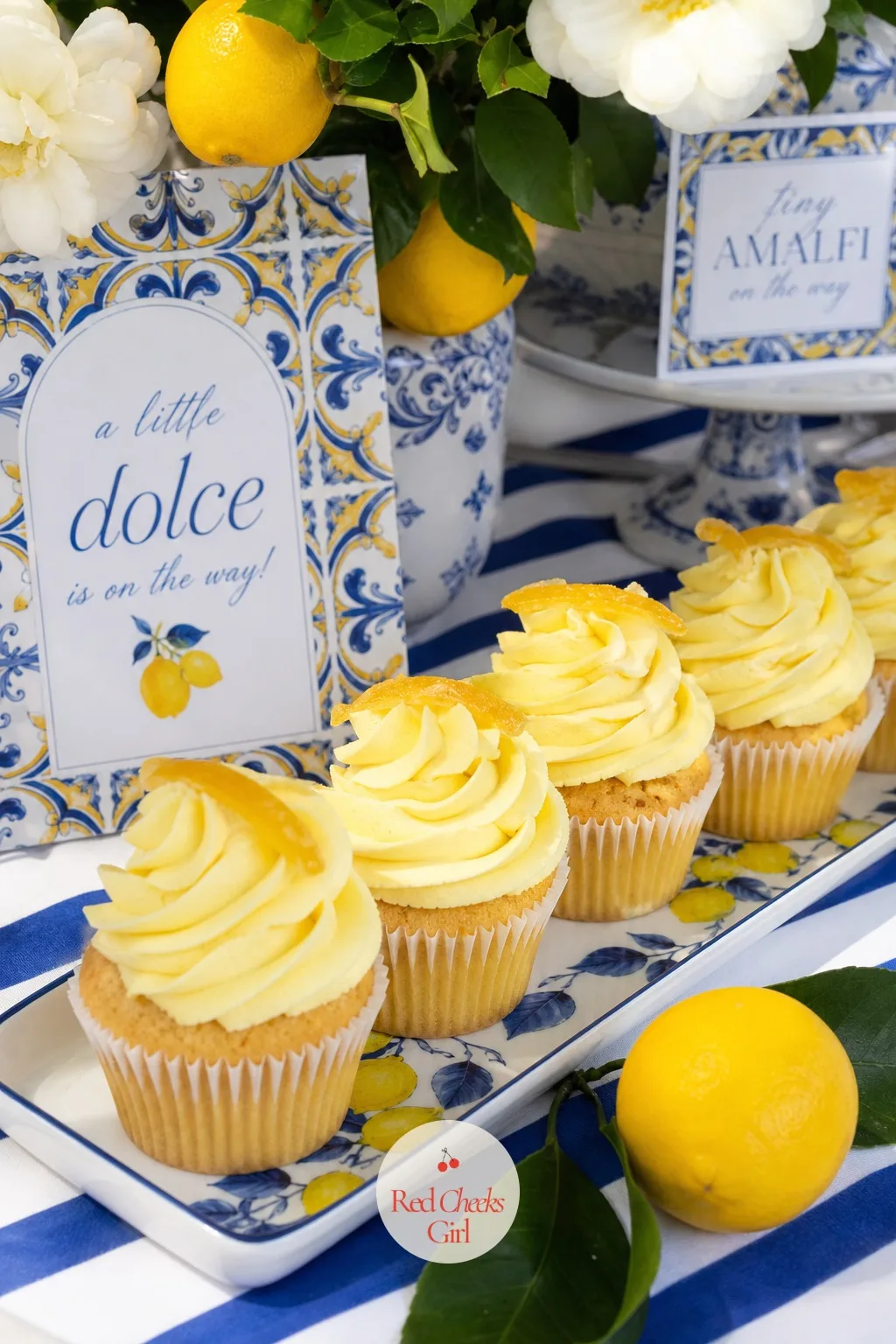 Lemon Cupcakes with Candied Peel — Guests who skip the big cake still need something sweet in hand. Amalfi coast baby shower theme
