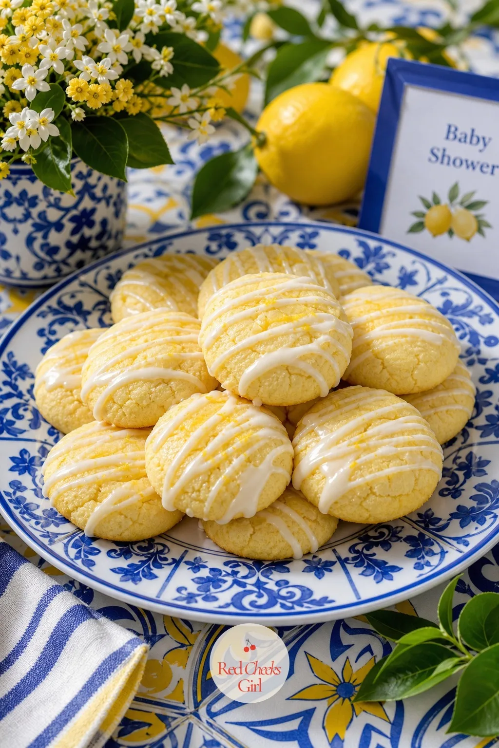 Lemon Ricotta Cookies on a Tile Plate — Soft glazed lemon ricotta cookies pile easily on a hand painted blue tile serving plate, the lemon glaze still glossy