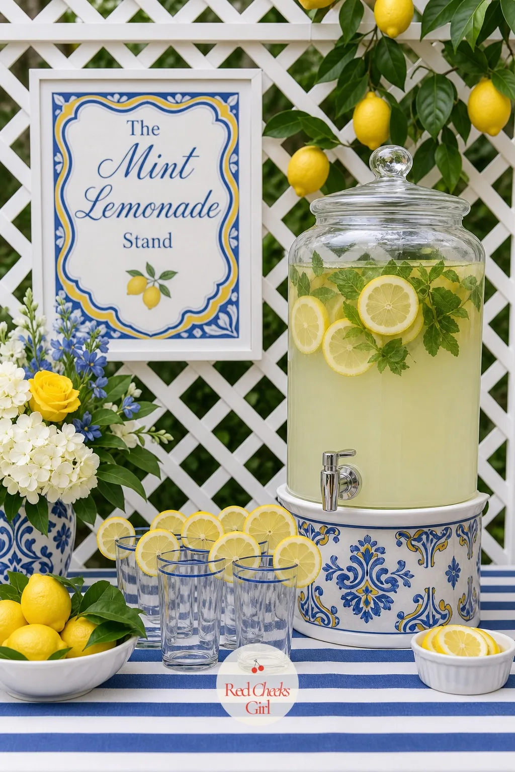 The Mint Lemonade Stand — A beverage dispenser filled with pale lemonade does most of the work on its own, mint sprigs floating near the top and a lemon wheel