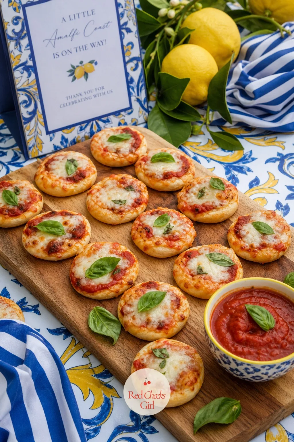 Pizza Bites on a Wooden Board — Pasta and pizza carry the savory side of the table, and these mini margherita bites are the easier of the two to eat standing.
