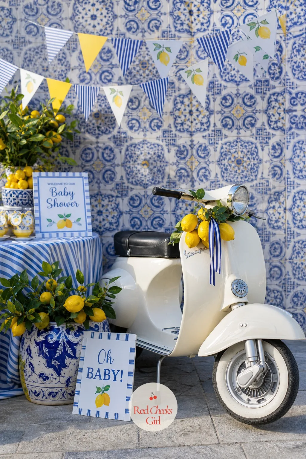 A Vespa Corner against the Tiled Wall — One photo spot rarely covers a whole room, and a second gives guests somewhere else to linger. Amalfi coast baby shower