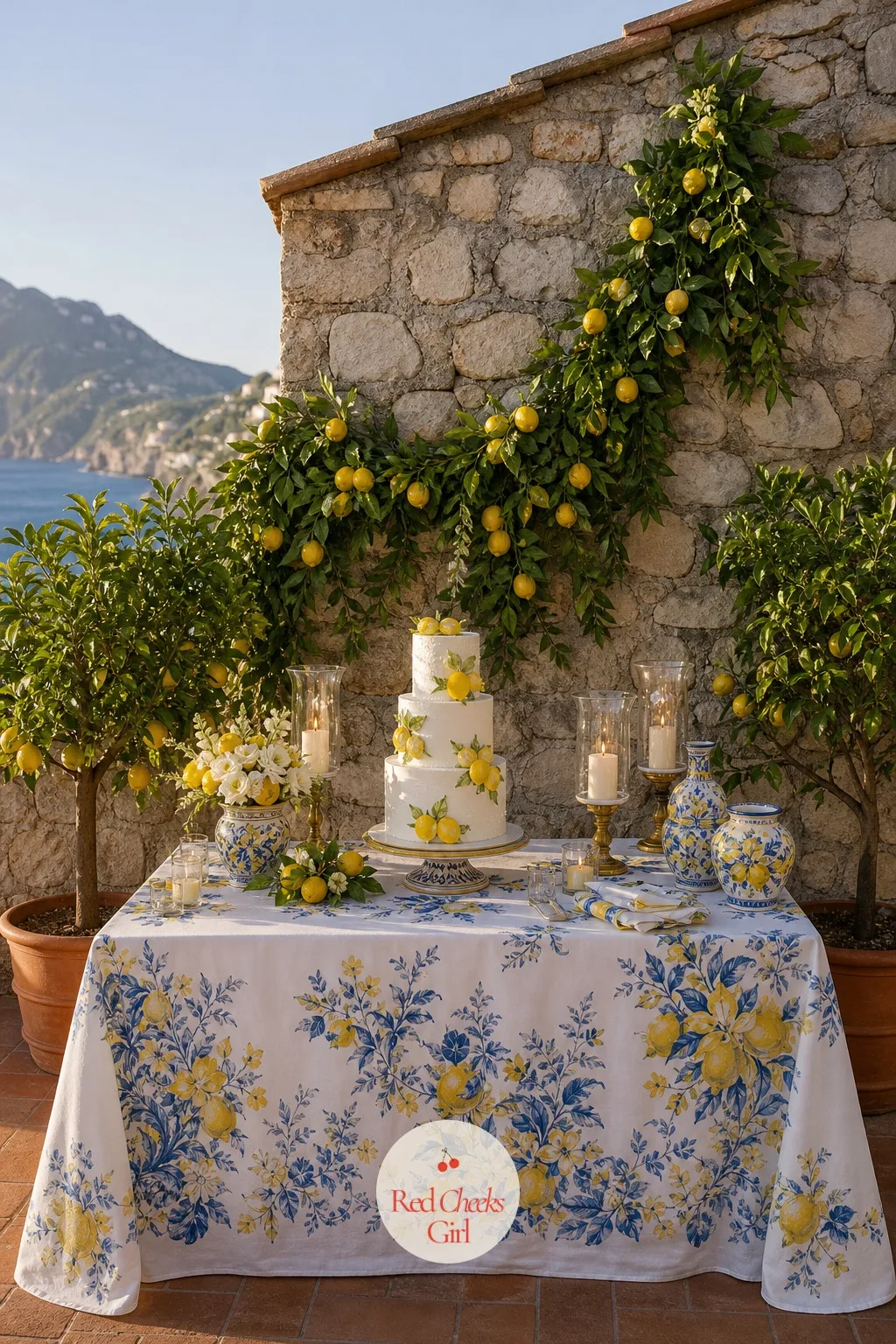 The Cake Table Backdrop — A cake on an empty stretch of terrace wall looks stranded, however good the cake itself is. Amalfi coast wedding