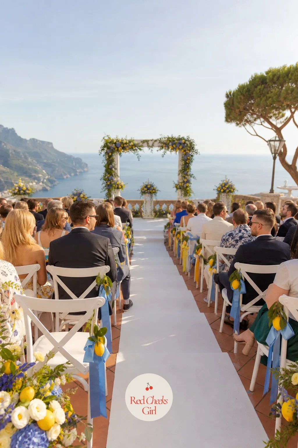 The Ceremony Guest Seating — Plain white chairs in rows look fine from far away and forgettable up close. Amalfi coast wedding