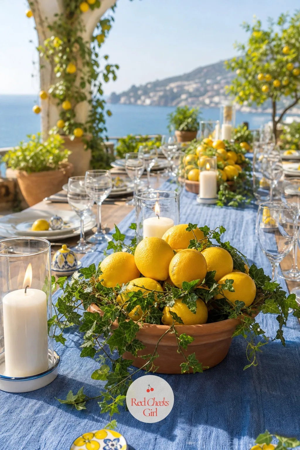 The Lemon Bowl Centerpieces — Tall centerpieces block conversation across a narrow terrace table, and they block the view too. Amalfi coast wedding