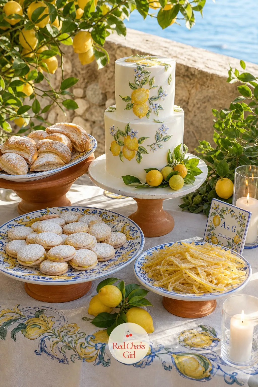 The Lemon Dessert Spread — One cake on a long terrace table leaves a lot of empty surface for a reception that runs late. Amalfi coast wedding