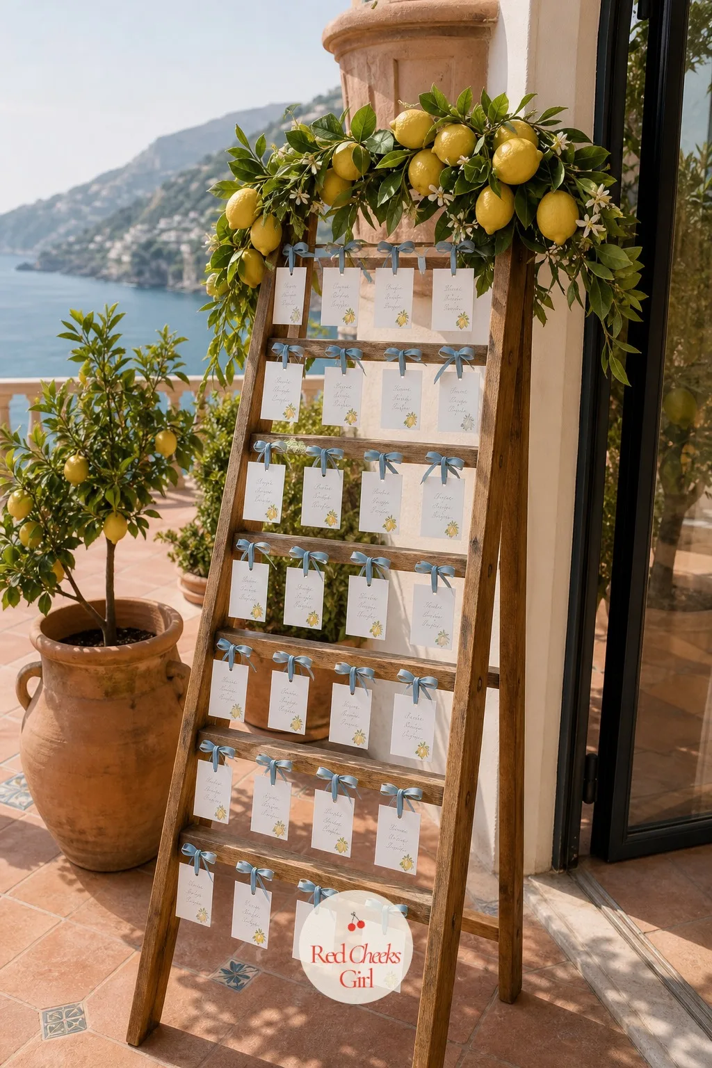 The Lemon Escort Card Display — A hundred place cards scattered on a side table is a hundred guests crowding one spot, squinting at tiny handwriting. Amalfi