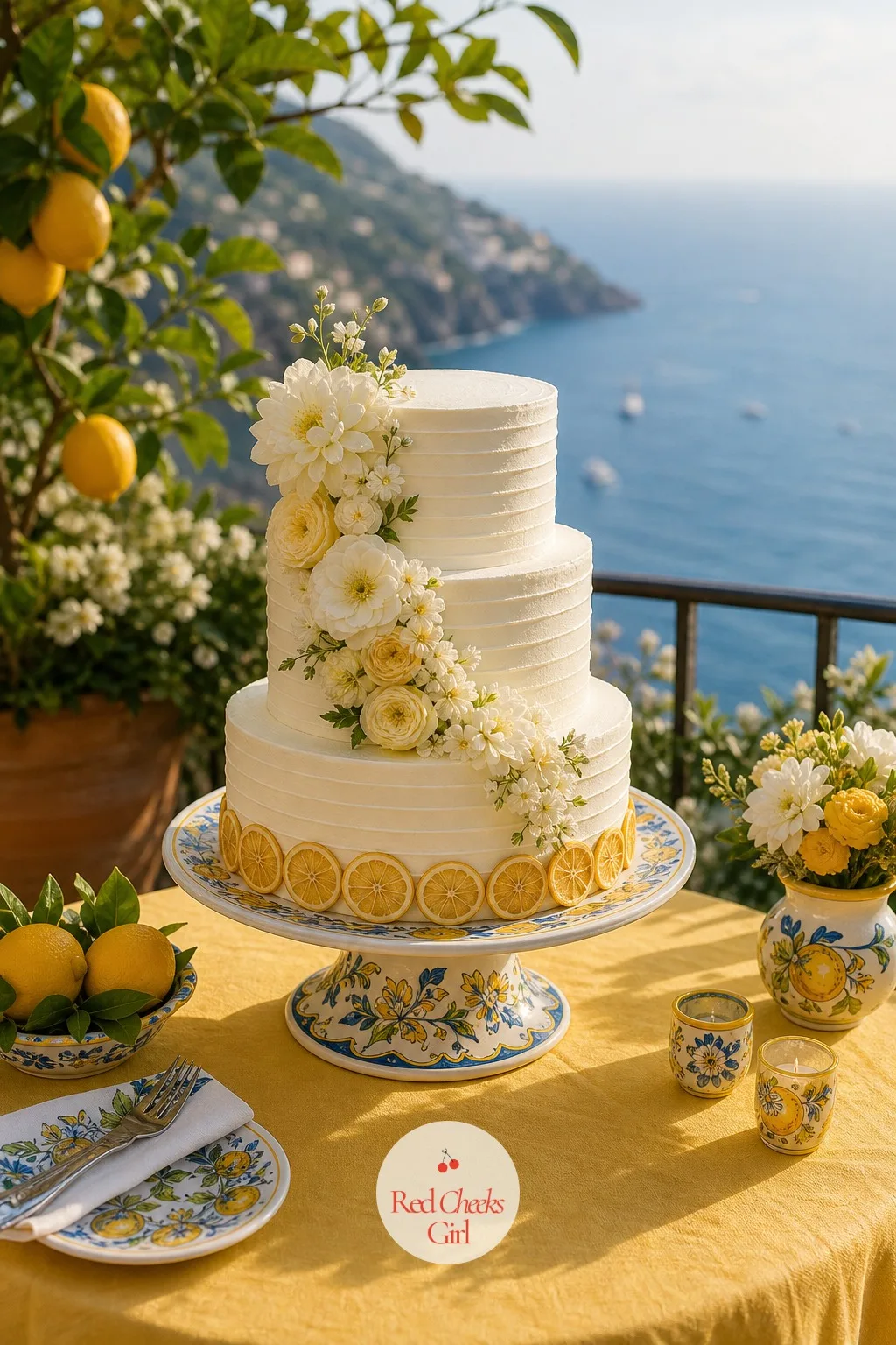 The Lemon And White Flower Wedding Cake — A plain white tiered cake photographs beautifully anywhere, which is exactly the problem: it says nothing about where