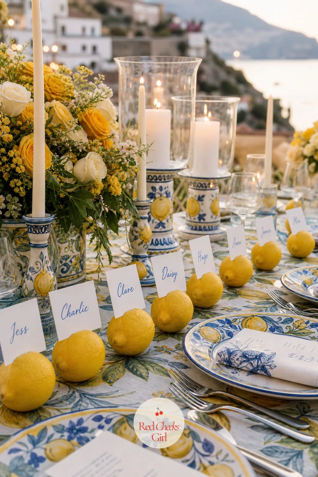 Place Cards On Small Lemons — A paper place card slides around on a windy terrace and ends up in someone's lap. Amalfi coast wedding