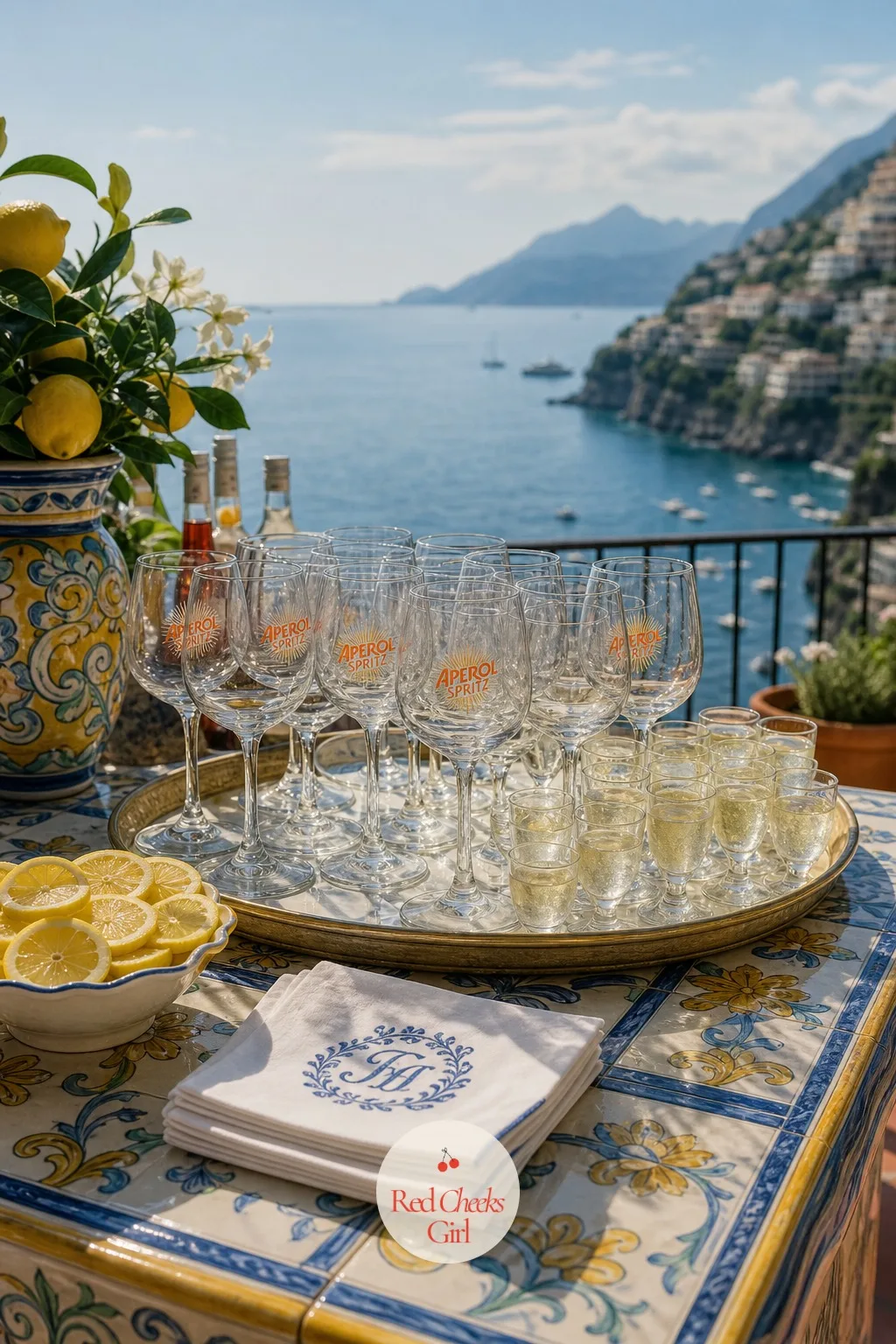 The Spritz Glassware Display — Plastic cups turn a proper bar into a backyard barbecue. Amalfi coast wedding