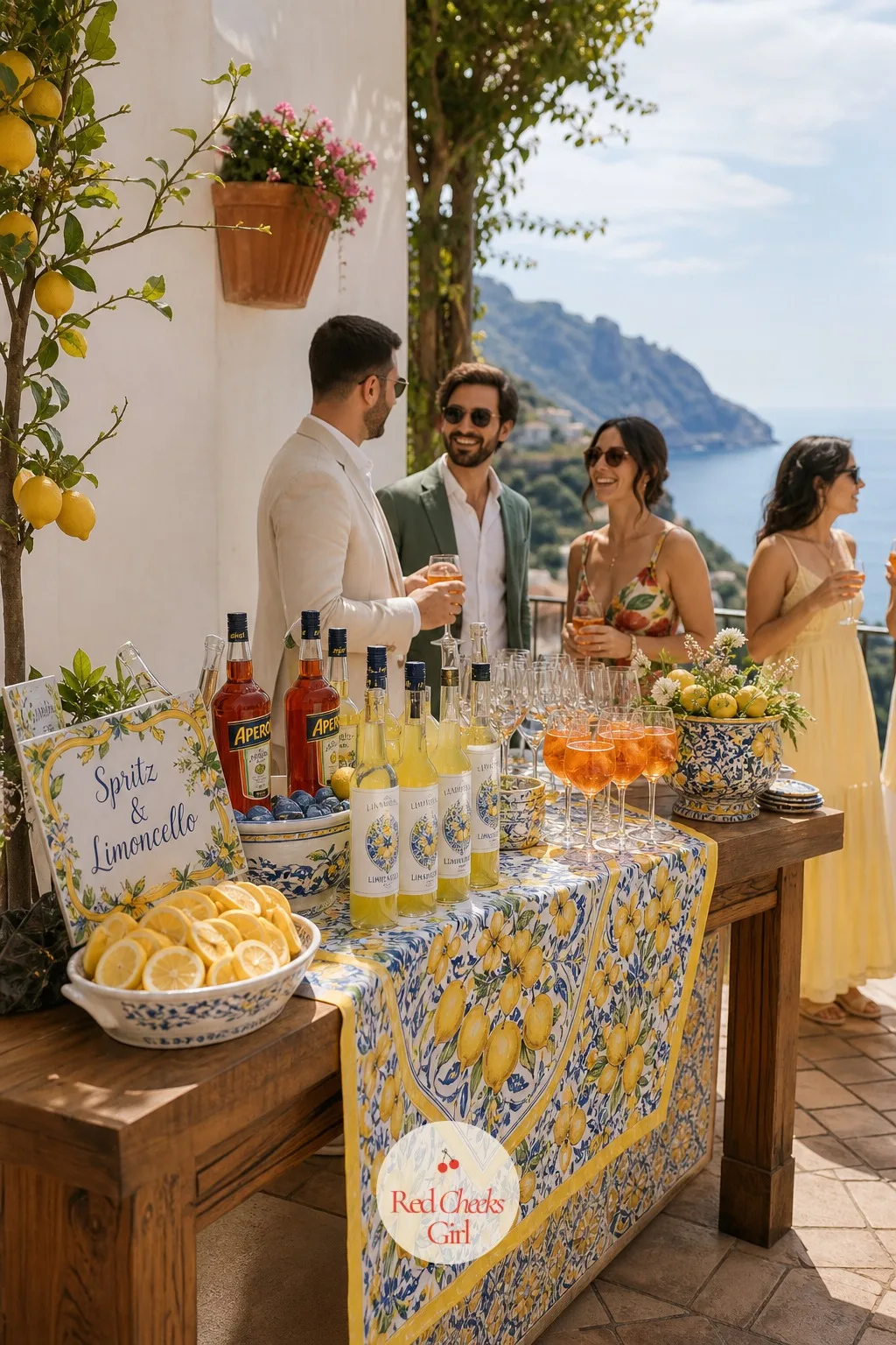 The Spritz And Limoncello Bar Station — A bar table with two bottles on it looks like an afterthought. Amalfi coast wedding