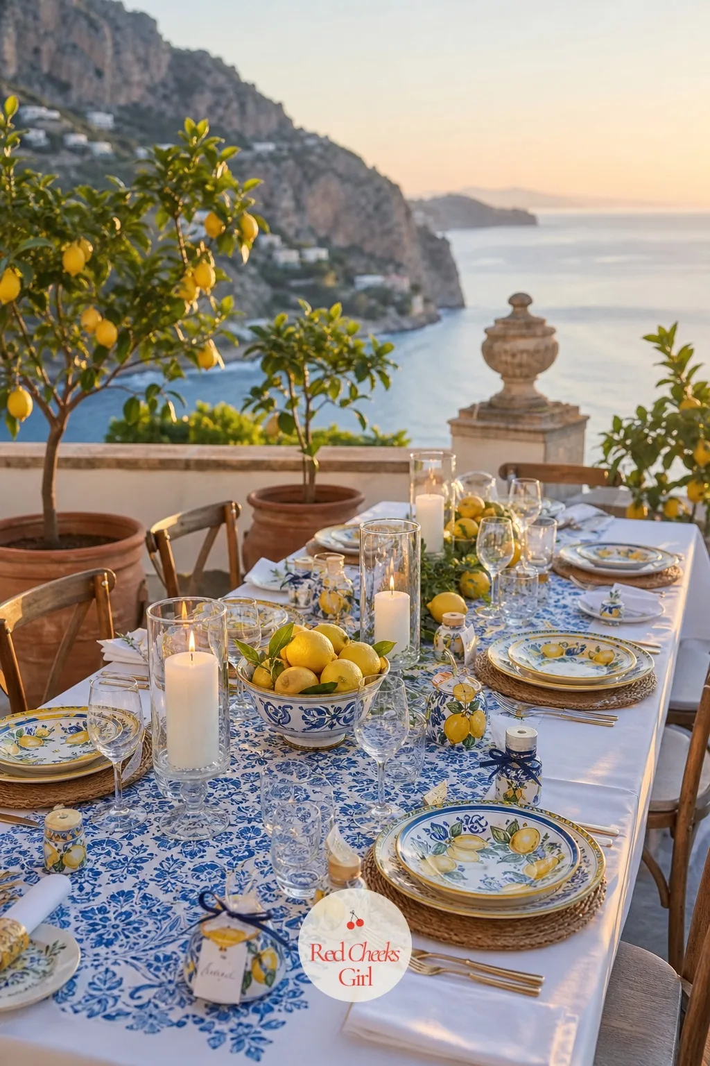 The Terrace Dinner Table Setting — A dinner table on a terrace has to earn its view, and it does that by staying low: nothing tall enough to block the water on