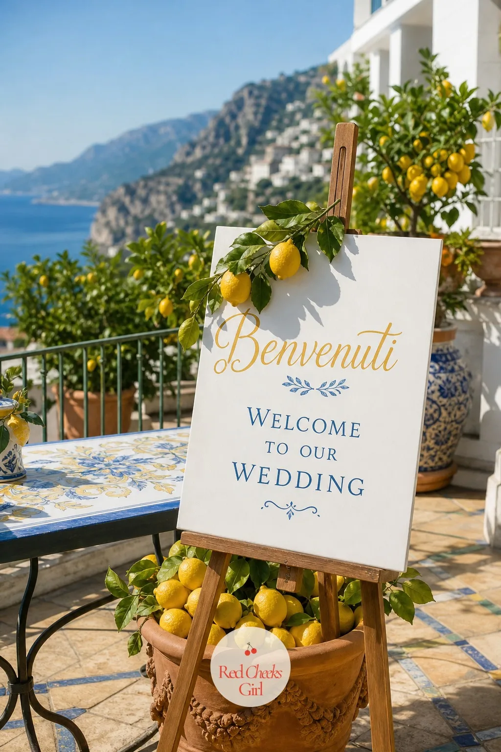 The Terrace Welcome Sign — Guests arrive somewhere unfamiliar and want one clear sign that they are in the right place. Amalfi coast wedding
