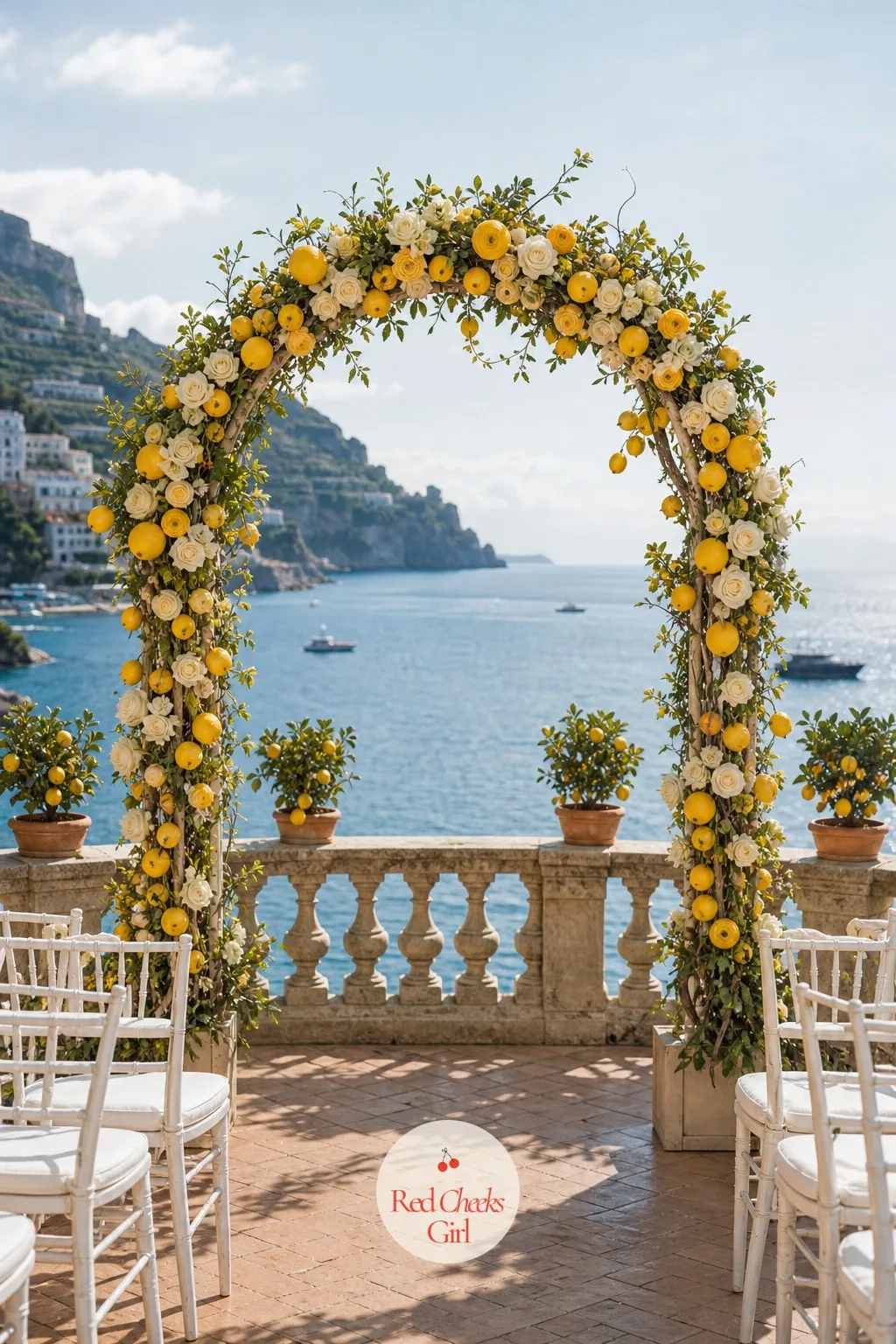 The White And Lemon Flower Arch — A bare terrace railing reads like a balcony, not a wedding. Amalfi coast wedding
