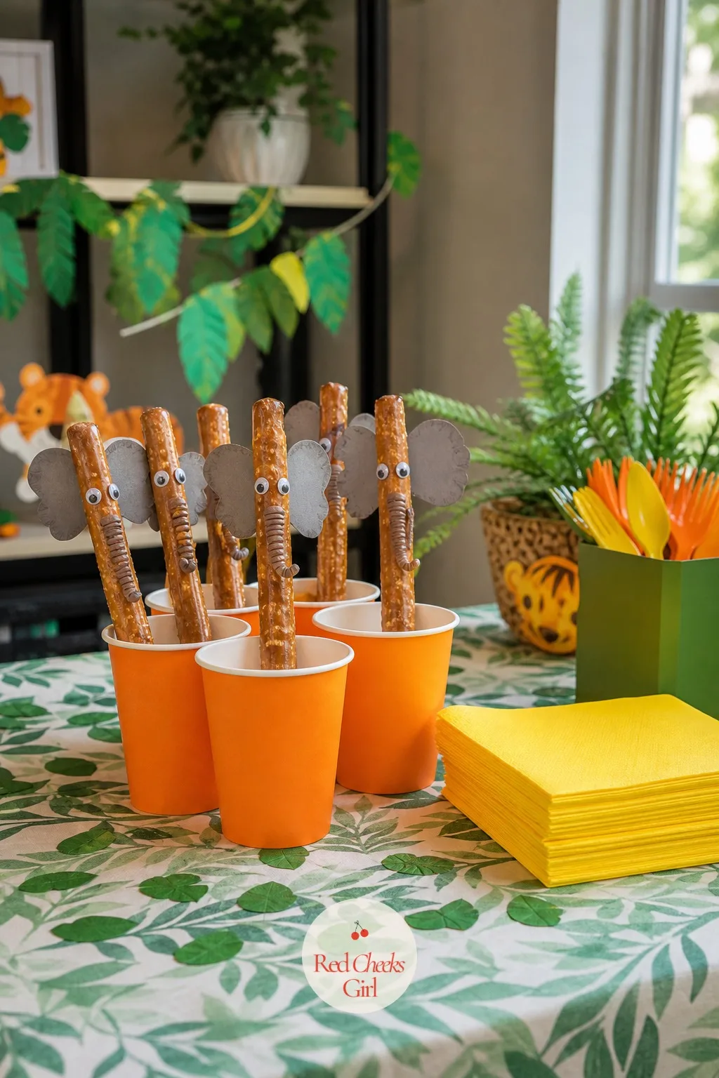 Elephant Trunk Pretzel Cups — A pretzel rod standing straight up in a cup already looks like a trunk before anyone decorates a single thing, which makes this