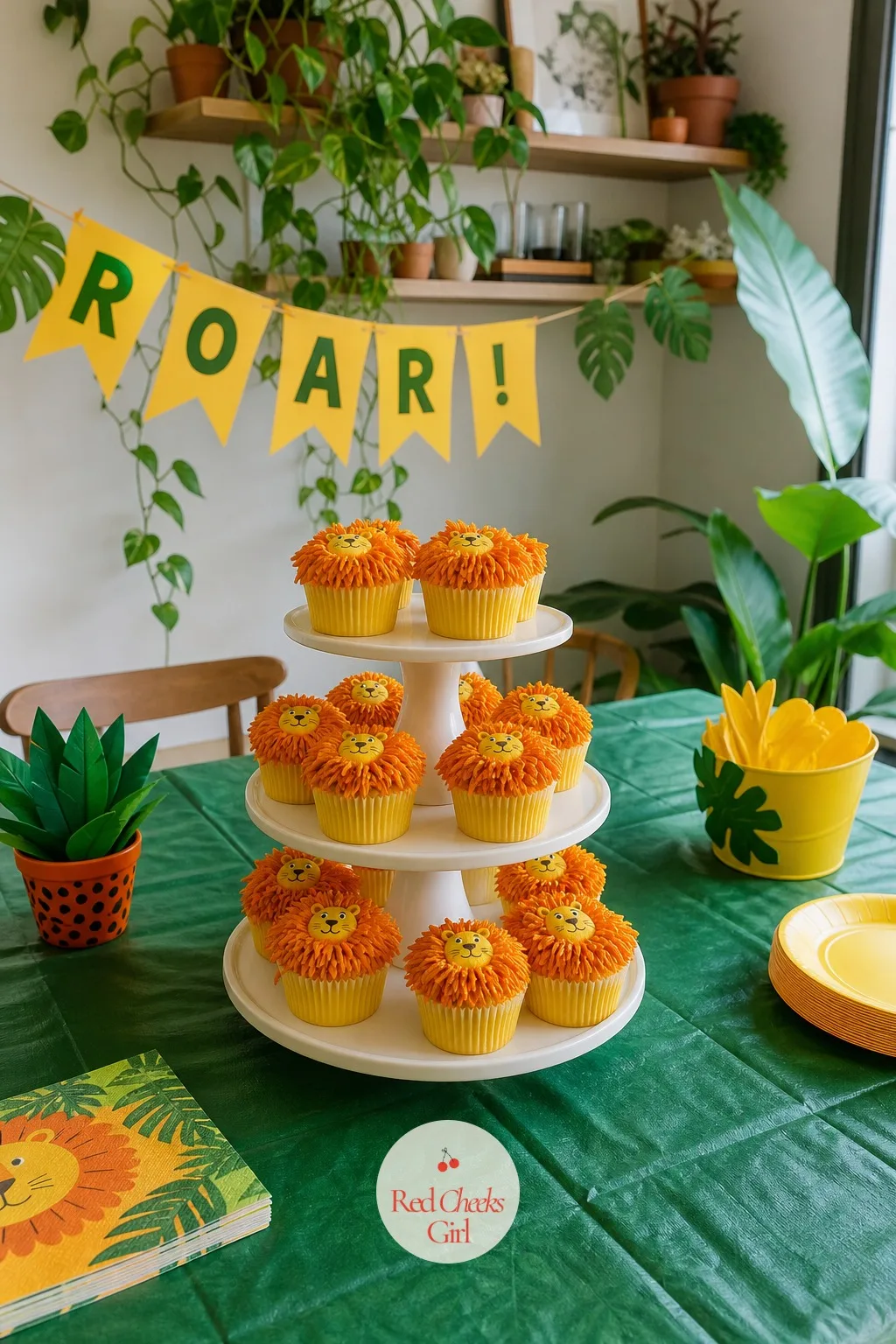 Lion Mane Cupcake Tower — A bare cupcake stand looks like an afterthought next to a proper cake, until it is covered in little lion faces and suddenly it is