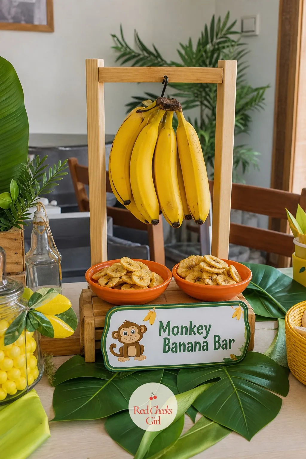 Monkey Banana Bar — A bunch of bananas just sitting on a plate reads as fruit bowl, not party food. Animal themed birthday party