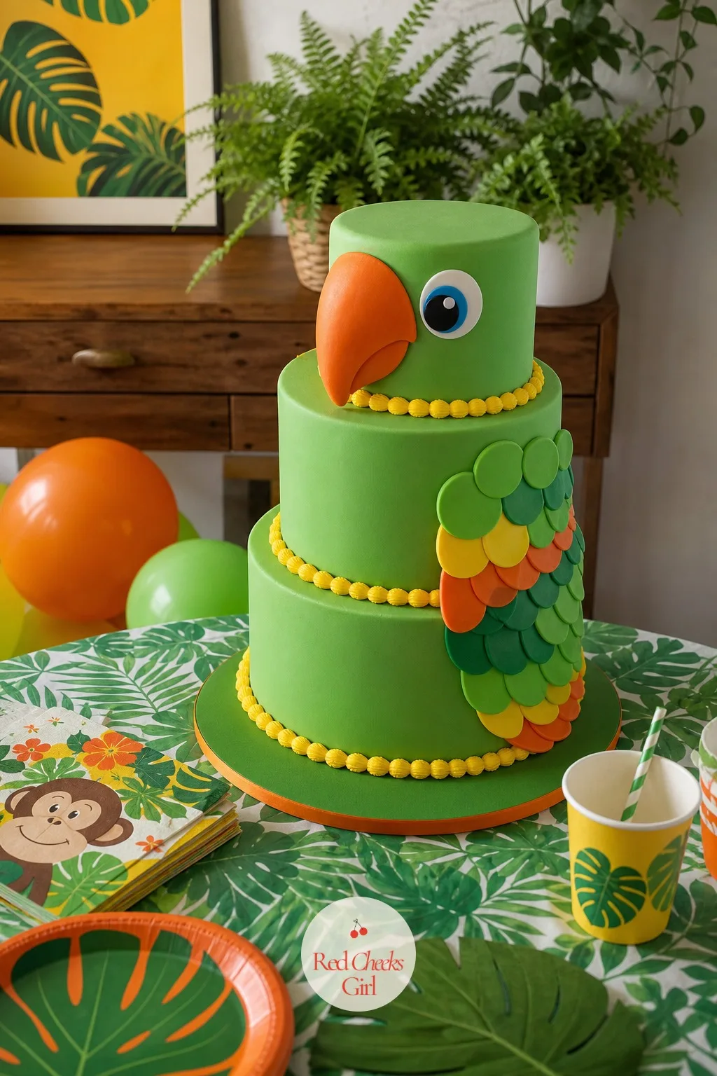 Parrot Face Tiered Cake — Green has the least cake precedent of the three colours here, which is exactly the point: it makes this the one guests remember when