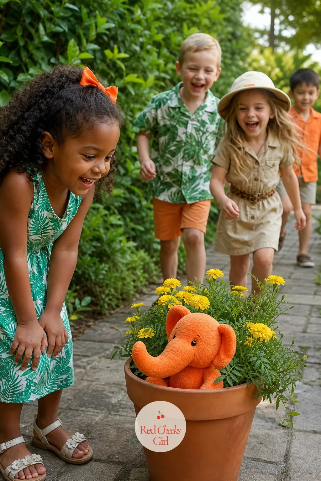 Plush Hunt In Terra Cotta Pots — Terra cotta already looks like it belongs outdoors, so tucking a plush animal into a planted pot never looks staged the way a