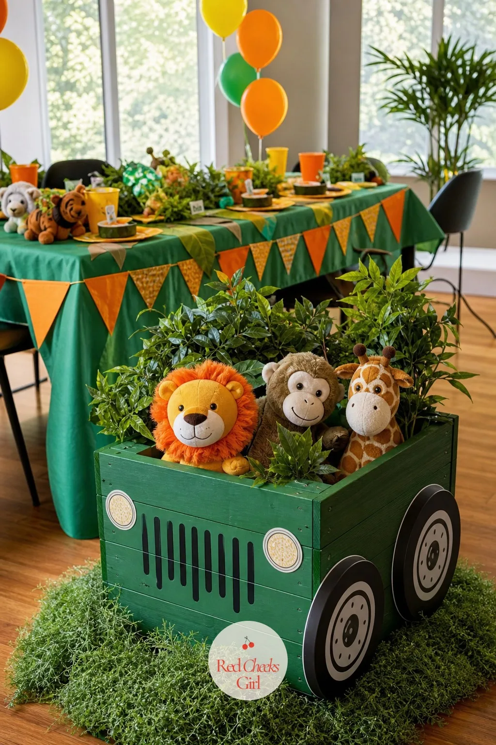 Plush Safari Trail With A Crate Jeep — A real jeep is obviously not happening in the back garden, but a crate painted the right colour borrows the idea without