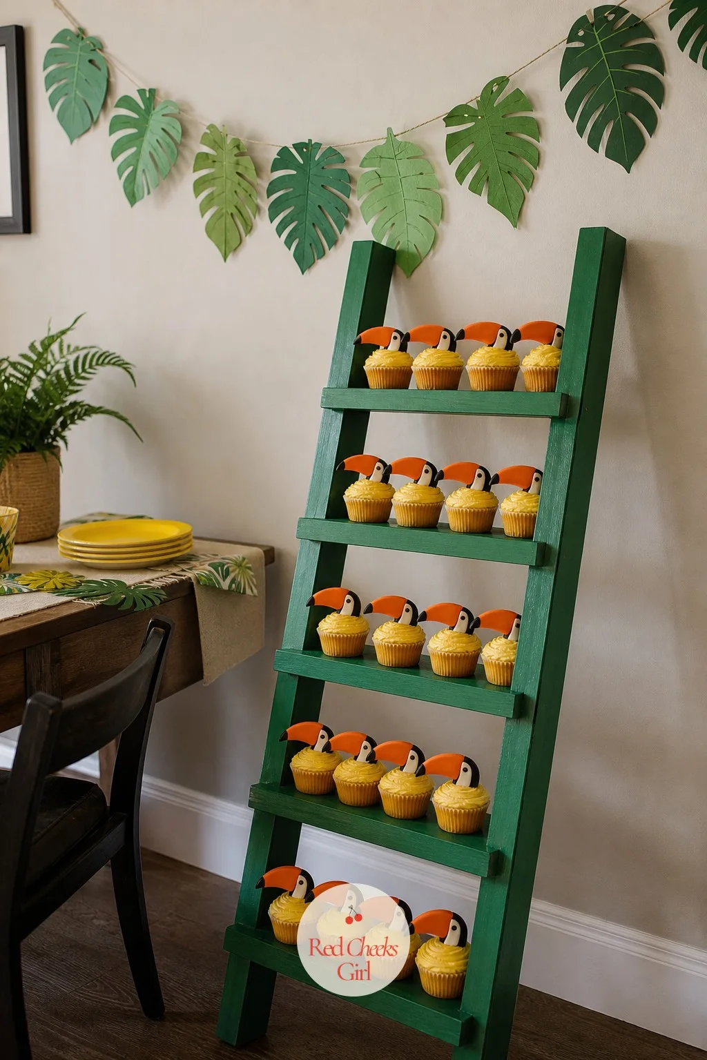 Toucan Beak Cupcake Ladder — A flat row of cupcakes disappears on a long table. Animal themed birthday party