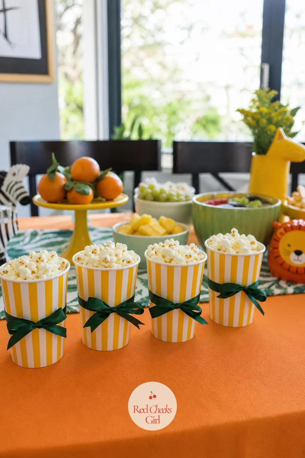 Zebra Striped Popcorn Cups — Popcorn in a plain bowl disappears fast and gets grabby. Animal themed birthday party