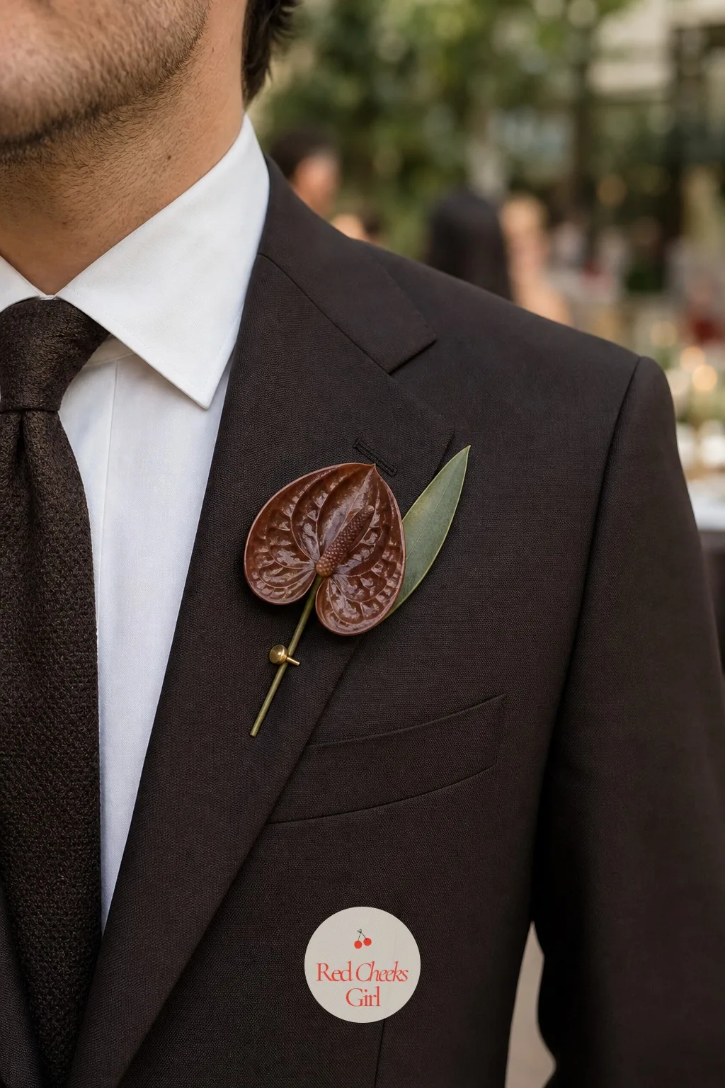 Anthurium Boutonnieres — Every other flower on the groom and groomsmen tends to wilt by the reception photos, which is exactly the problem a miniature