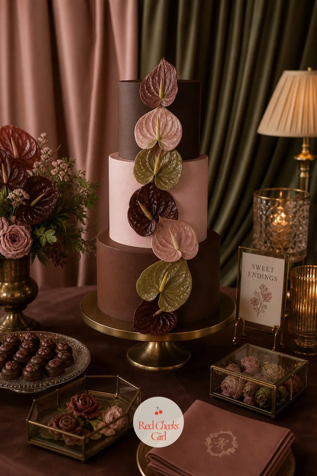 Cake With Sugar Anthuriums — A plain iced cake looks a little lost once the rest of the room is this dressed. Anthurium wedding