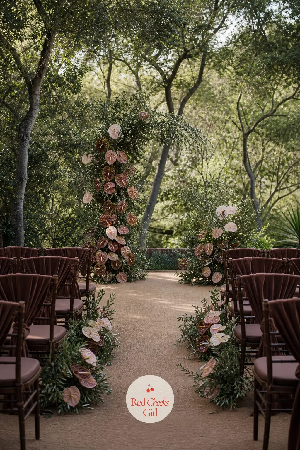 Ceremony Installation of Giant Anthuriums — Walking toward an empty arch feels thin, even when the rest of the room is dressed. Anthurium wedding