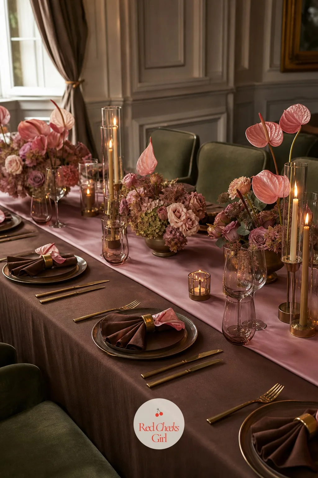 Cocoa and Pink Tablescape — A pretty centerpiece on a plain white cloth still looks unfinished, because the table underneath carries just as much of the look
