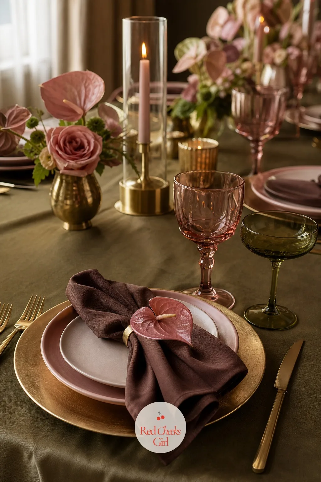 Dusty Pink and Olive Glassware — Clear glass disappears into the table and takes some of the color story with it. Anthurium wedding