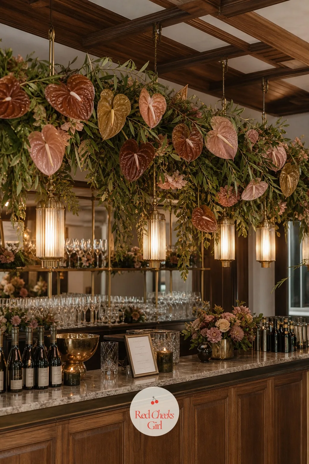 Hanging Anthurium Installation Over the Bar — A room with every flower at waist height can start to feel flat after an hour. Anthurium wedding