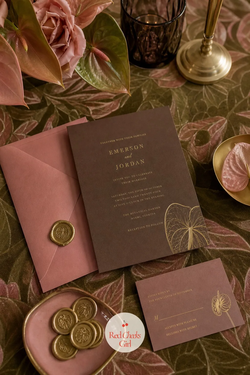 Invitation — The invitation arrives weeks before anyone sees a single flower in person, so it sets the expectation for everything that follows. Anthurium