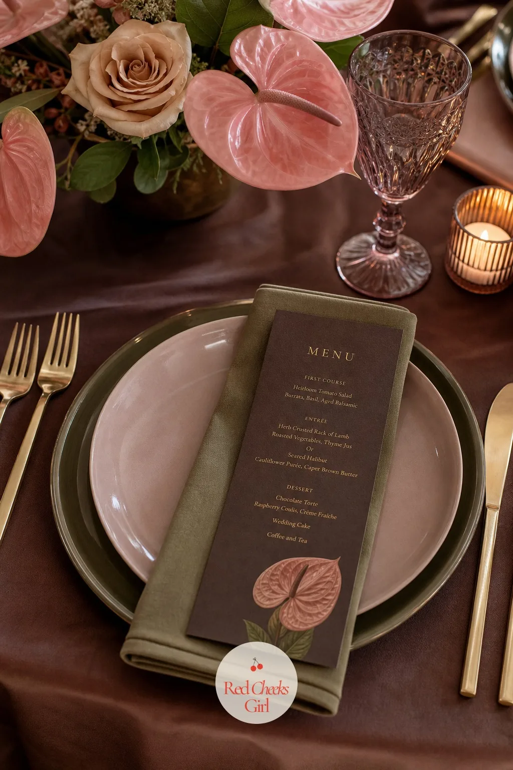 Menu Cards With an Anthurium Motif — Guests read the menu while they wait for the first course, which makes it one of the few printed pieces people actually
