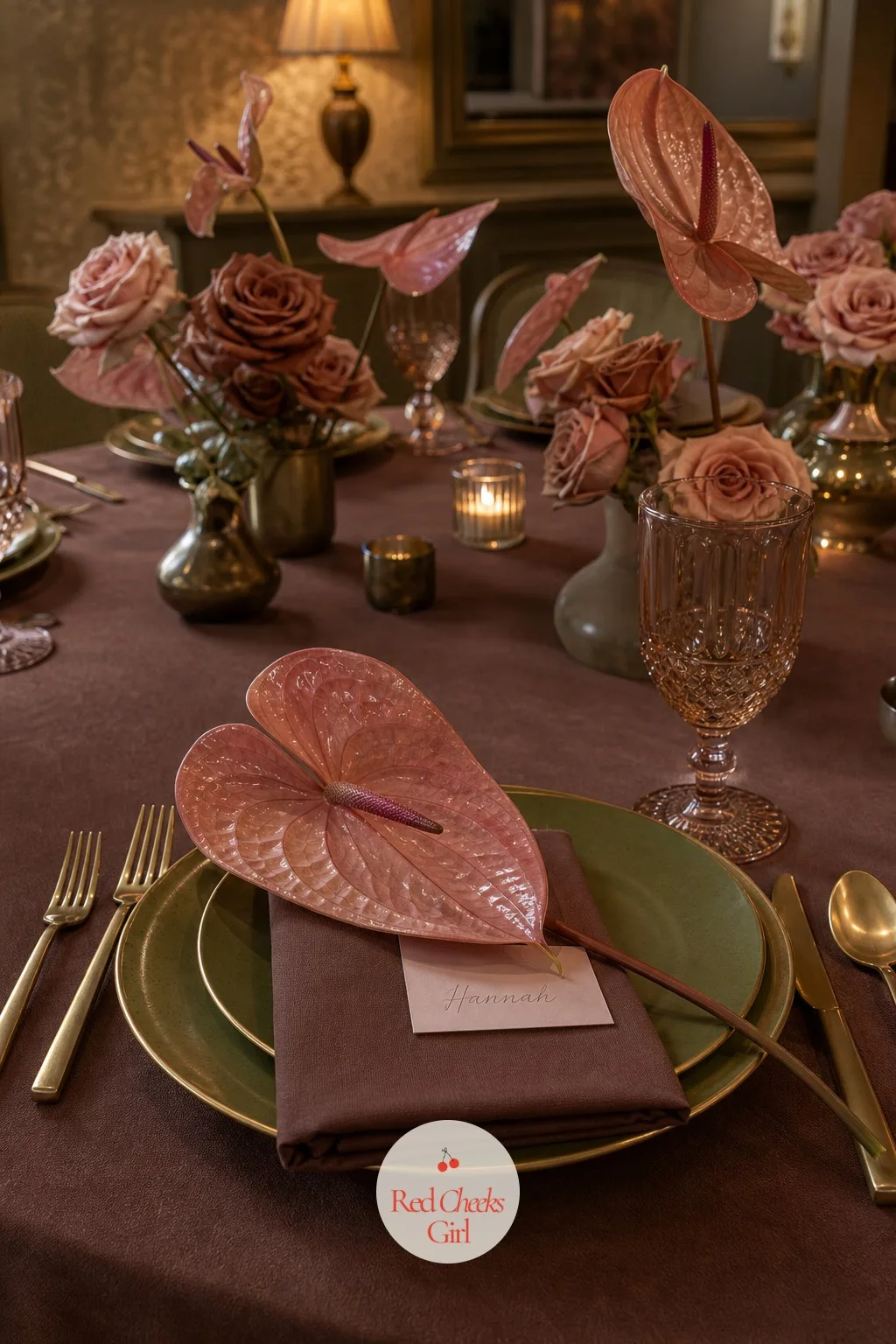 One Anthurium Per Place Setting — An empty napkin in front of each chair feels unfinished next to a table this dressed. Anthurium wedding