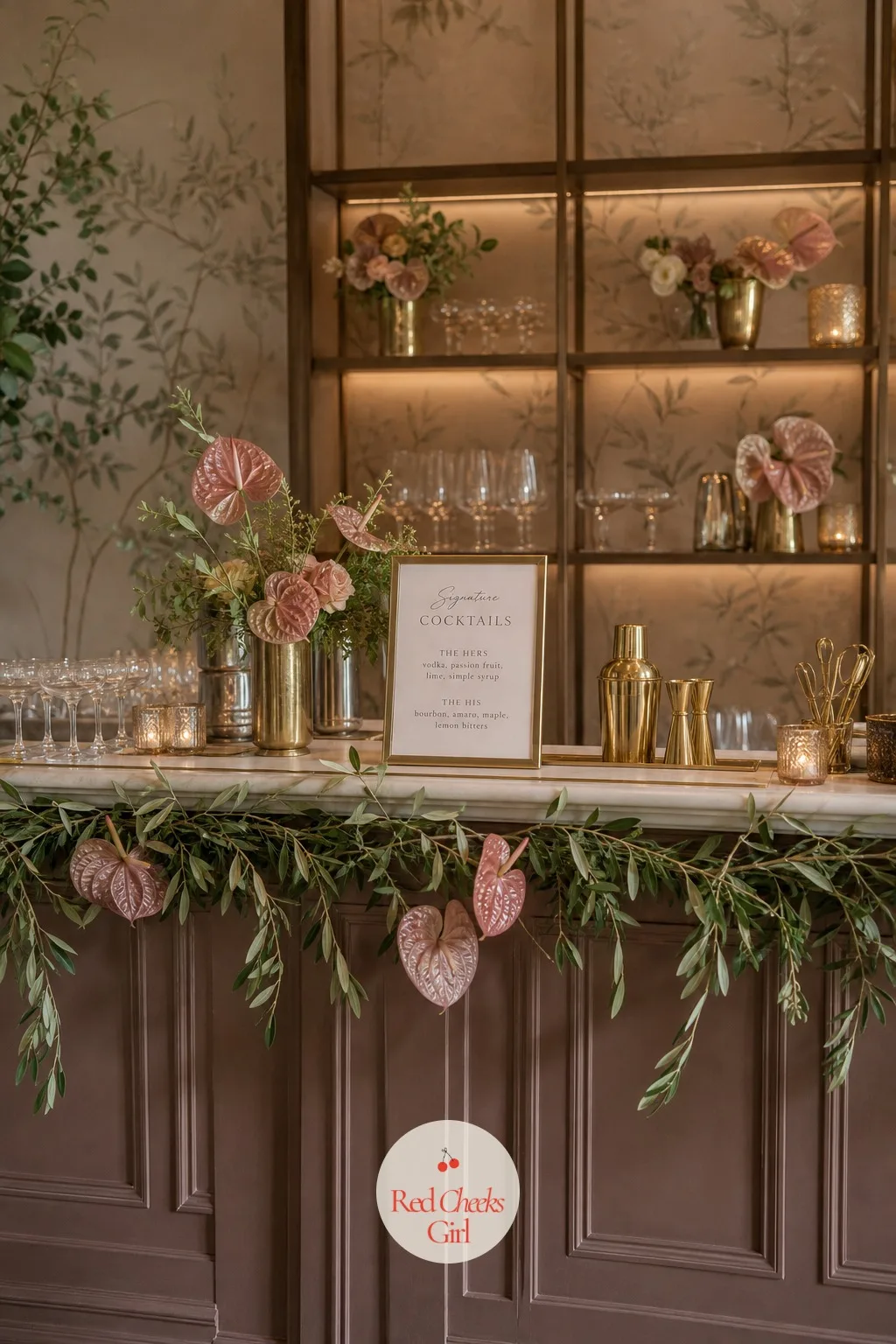 Signature Cocktail Bar — A bar lined up with the same bottles as every other wedding does not do much for the room. Anthurium wedding