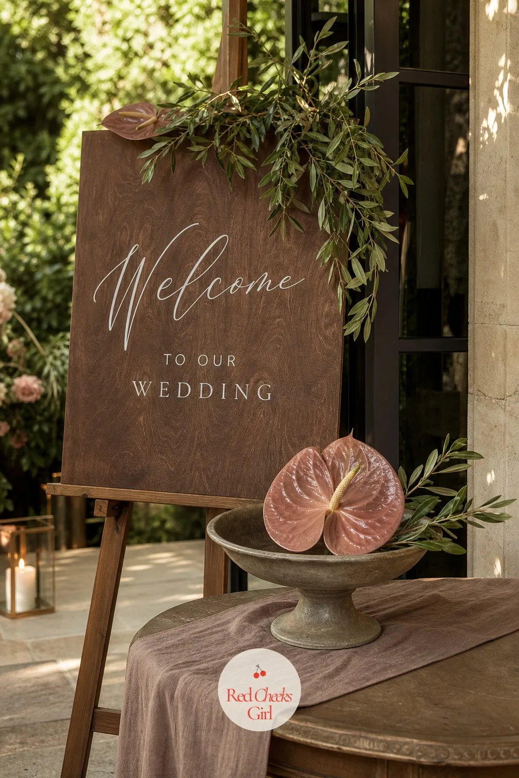 Welcome Sign With a Single Giant Anthurium — Guests form their first impression at the door, often before they have found their seat or their drink. Anthurium